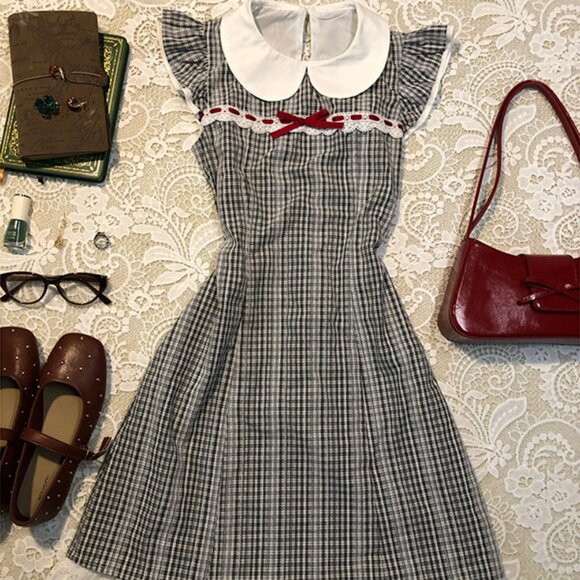 Dresses & Skirts - Original Black Vintage Plaid Fly Sleeve Doll Collar Dress For Women
